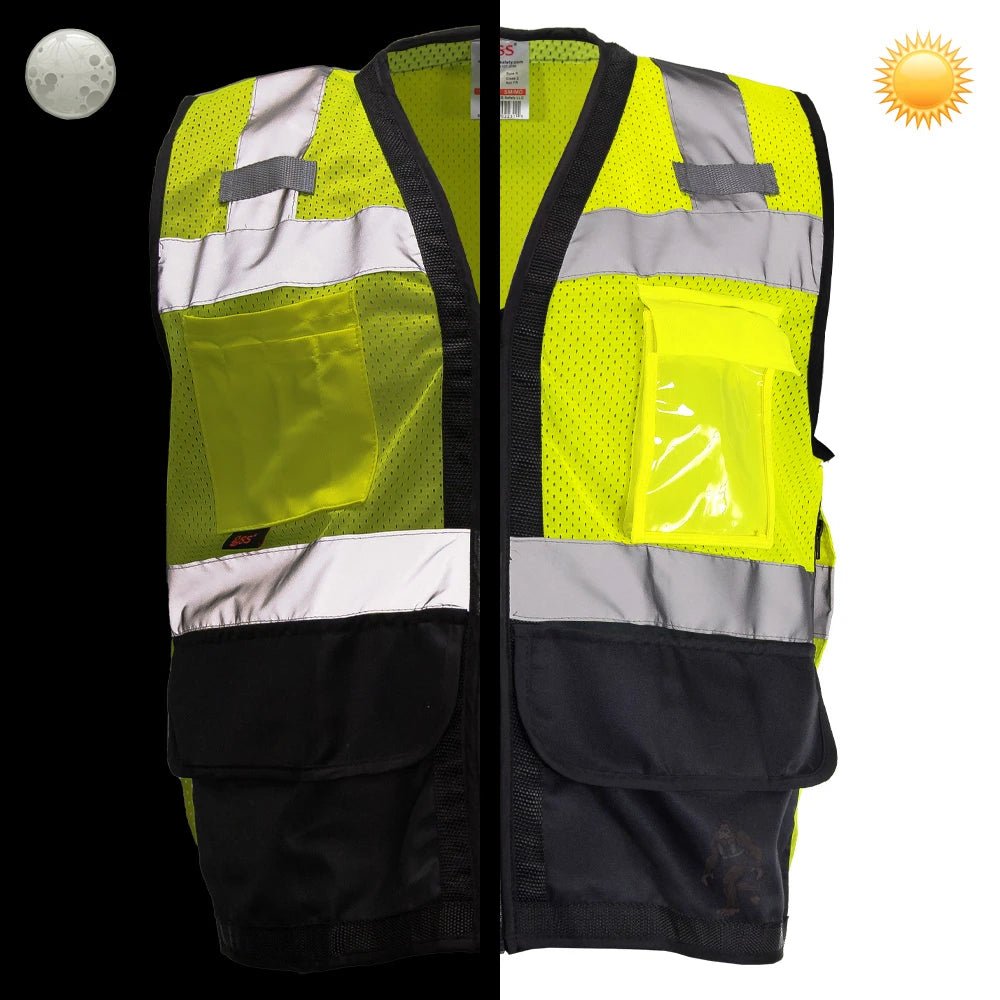 1201/1202 Class 2 Premium Heavy Duty Multi - Pocket Vest - custom safety vests yellow contrast day vs. night