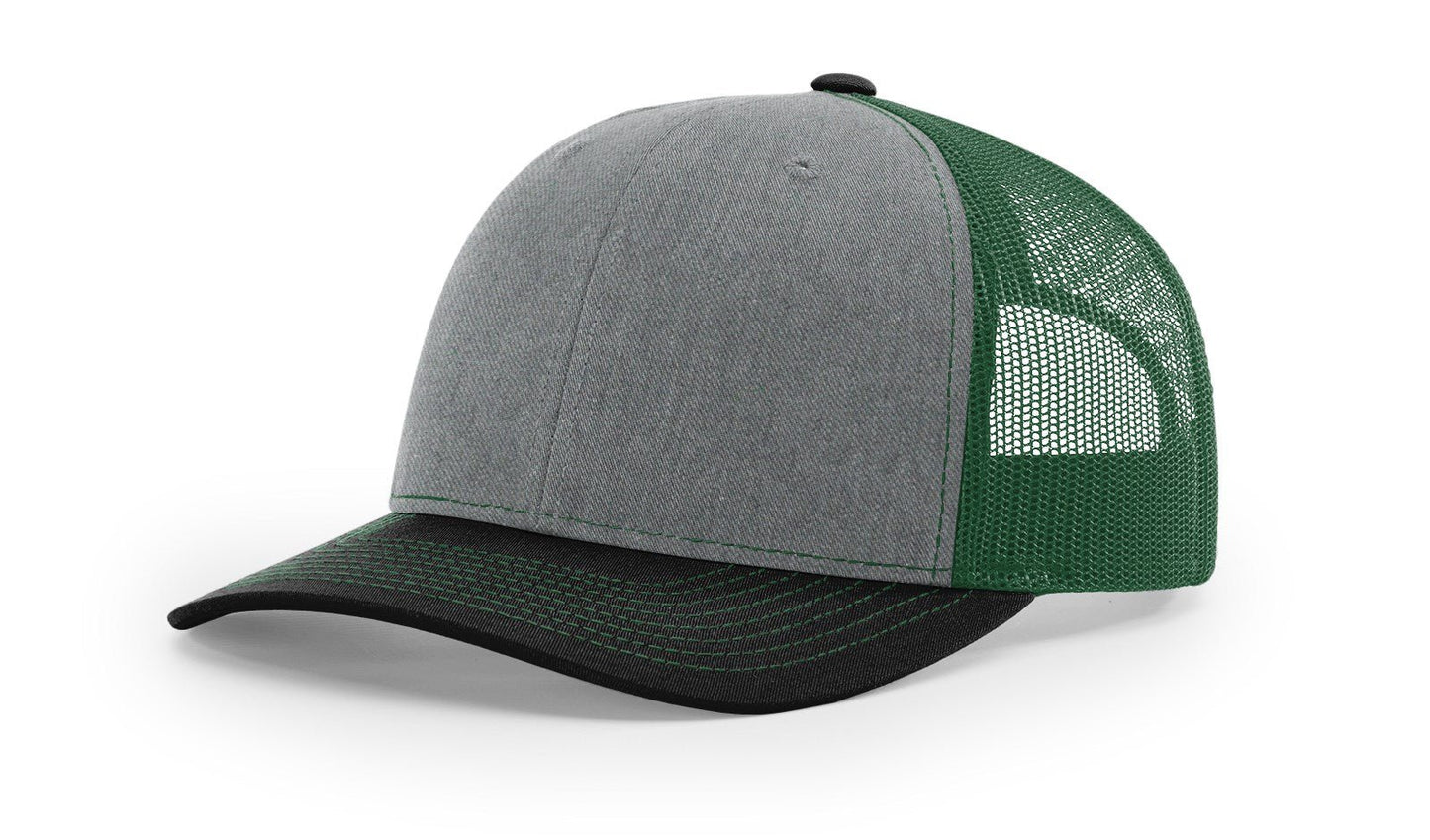 Custom Richardson 112 Trucker Hats - Heather Grey Dark Green Mesh Black