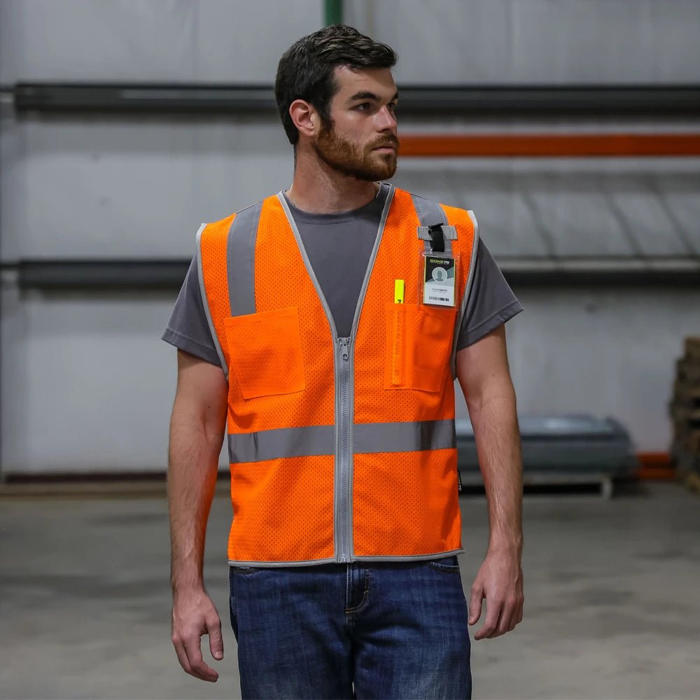 DV1221 HiVis ANSI Class 2 Viz - Cool Mesh Safety Vest - custom safety vests orange vest front side in warehouse