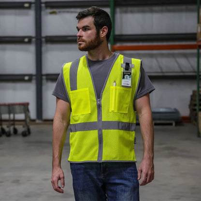 DV1221 HiVis ANSI Class 2 Viz - Cool Mesh Safety Vest - custom safety vests green vest in warehouse