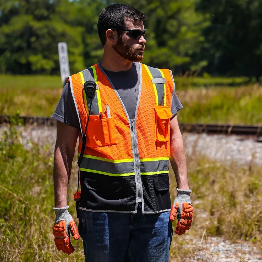 DV2125 Class 2 Black Bottom HiVis Contrast Viz - Cool Mesh Safety Vest - custom safety vests orange vest outdooes front side