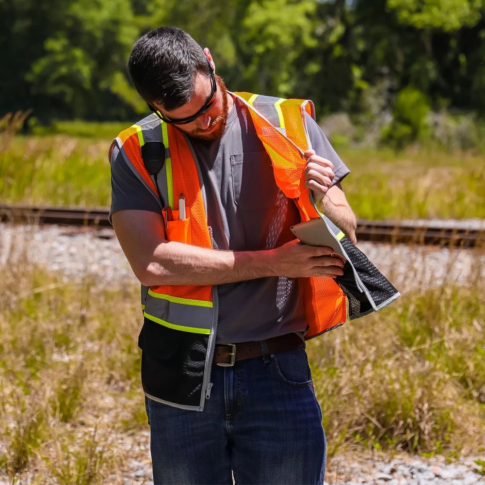 DV2125 Class 2 Black Bottom HiVis Contrast Viz - Cool Mesh Safety Vest - custom safety vests orange vest open pocket