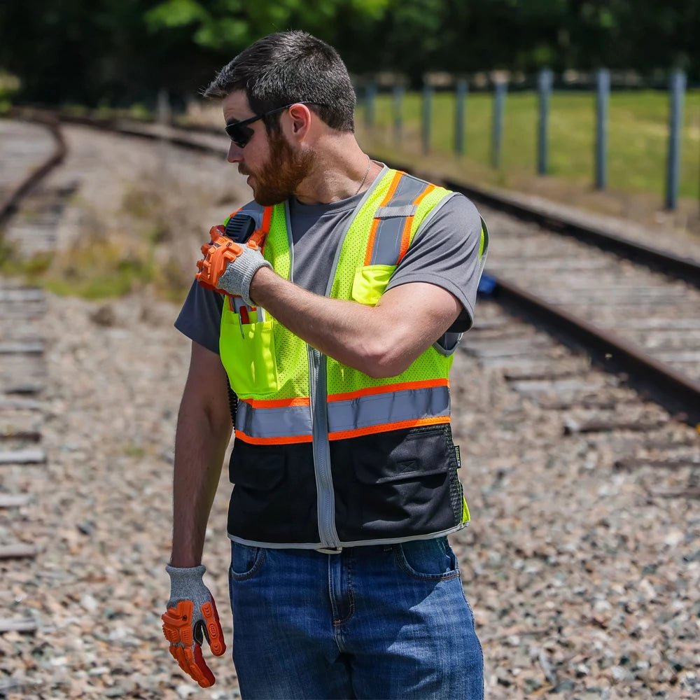 DV2125 Class 2 Black Bottom HiVis Contrast Viz - Cool Mesh Safety Vest - green vest outdoor lifestyle image