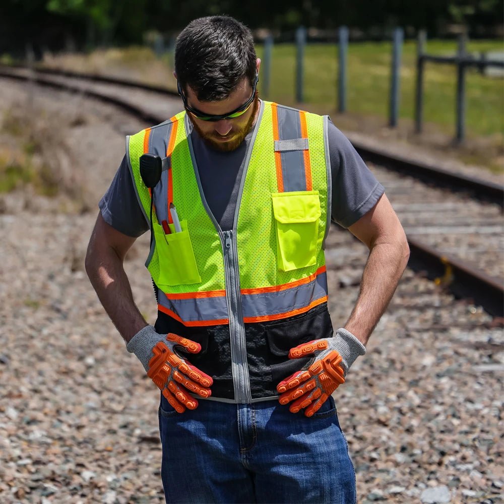 DV2125 Class 2 Black Bottom HiVis Contrast Viz - Cool Mesh Safety Vest - custom safety vests green vest outdoors with gloves