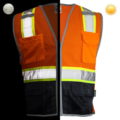 DV2125 Class 2 Black Bottom HiVis Contrast Viz - Cool Mesh Safety Vest - orange vest contrast day vs. night