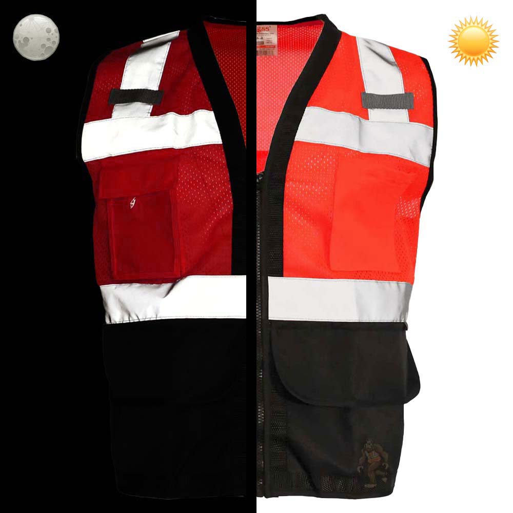 1201/1202 Class 2 Premium Heavy Duty Multi - Pocket Vest - custom safety vests red contrast day vs. night