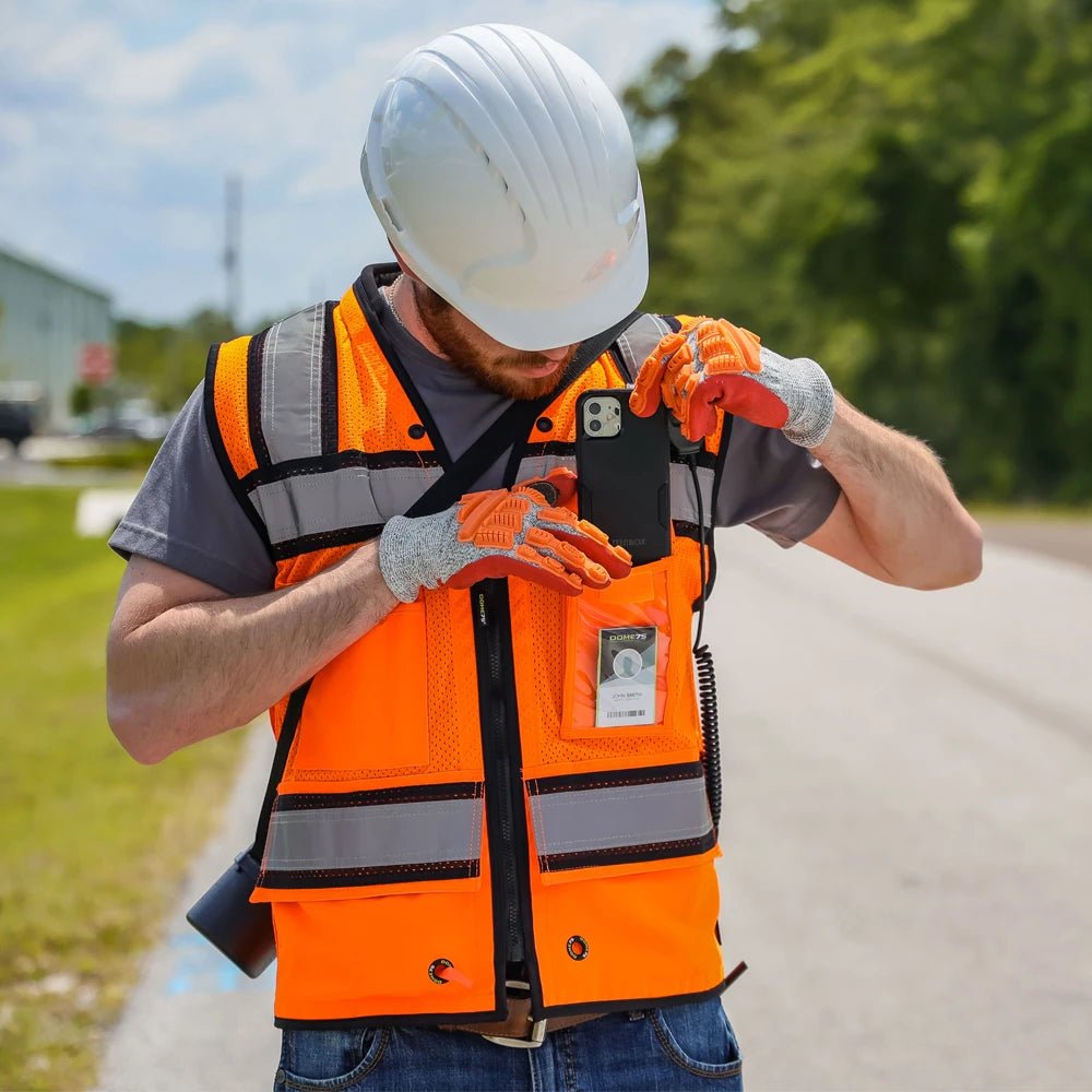 OV6100 HiVis Class 2 Heavy Duty Utility Vest with ProPocket™ - custom safety vests orange lifestyle image with phone pocket